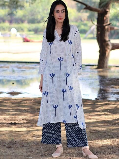 chidiyaa ivory & blue polka dots printed kurti with palazzo set