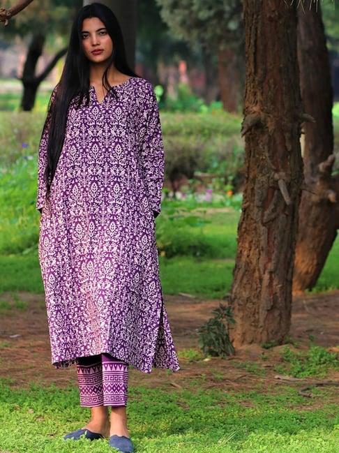 chidiyaa purple hand printed kurti set