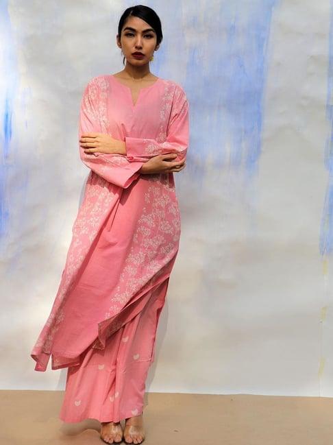 chidiyaa pink handprinted pure cotton kurta set of 2 skd