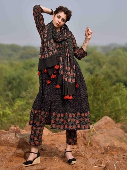 chidiyaa black rose hand printed pure cotton kurta and trousers kohl