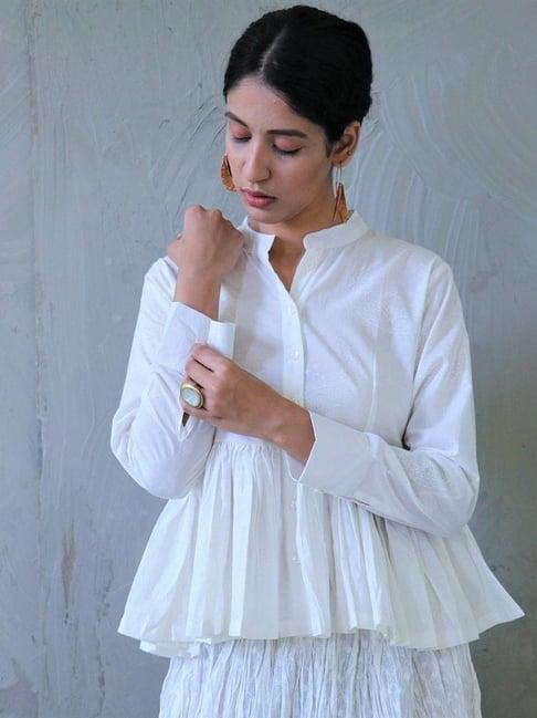 chidiyaa ivory block printed cinched waist cotton top safed