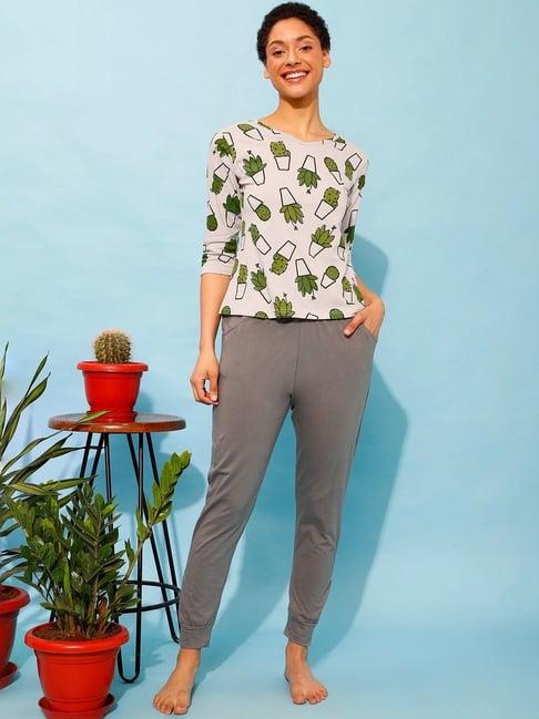 clovia grey cotton printed top with joggers