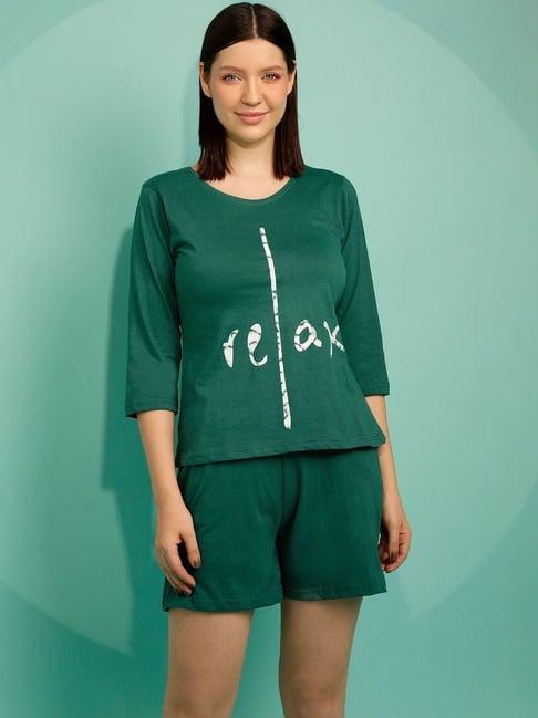 clovia green printed top & shorts set