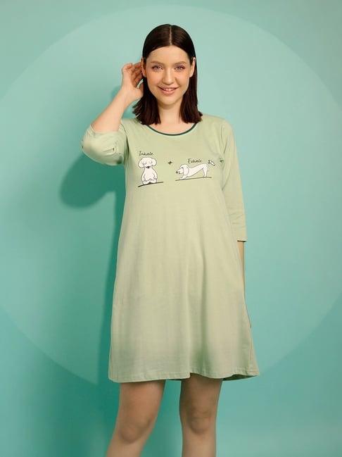 clovia green printed cotton night dress