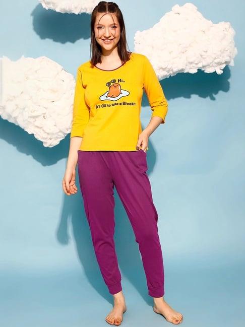 clovia yellow & purple printed t-shirt with joggers