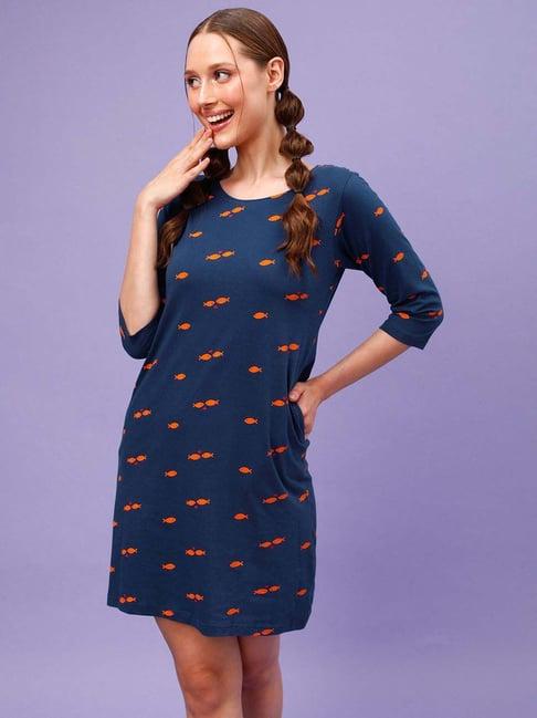 clovia blue printed night dress