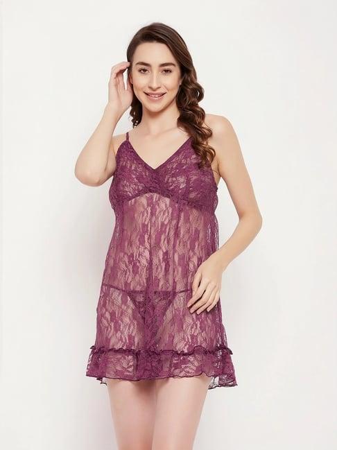 clovia purple plain babydoll with thong