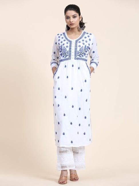 house of kari noor hok chikankari kurti for women- white with blue