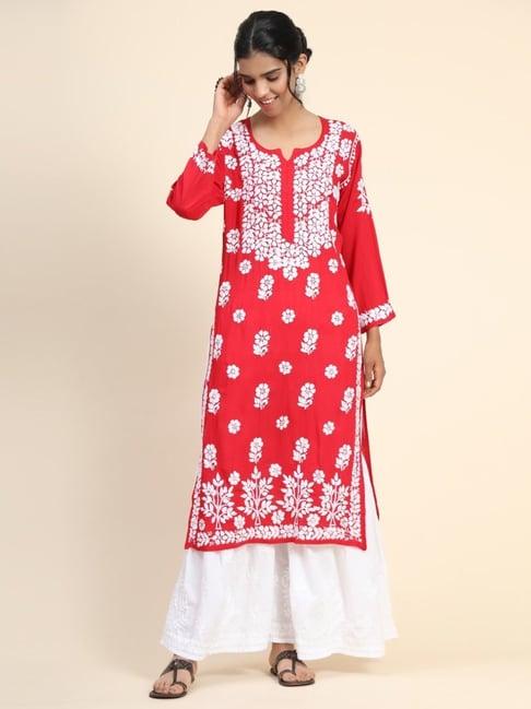 house of kari hok hand embroidery chikankari long kurti for women -red