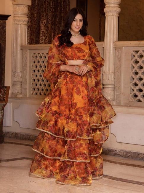 calmna yellow and red organza lehenga set