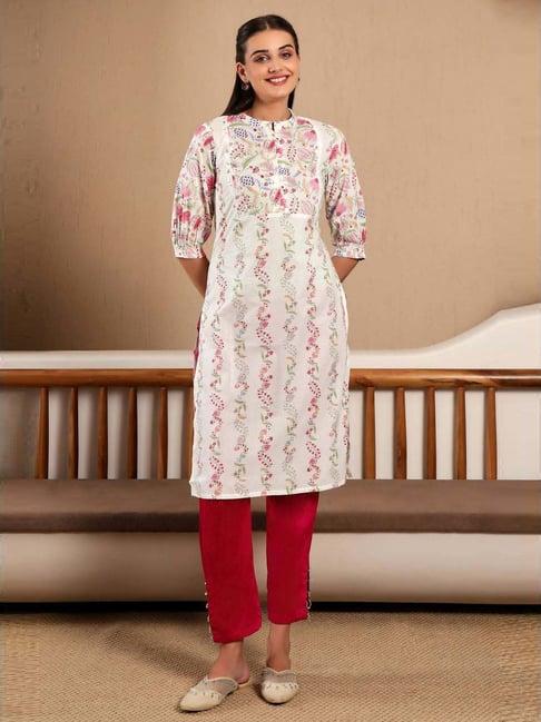 w off-white cotton printed straight kurta