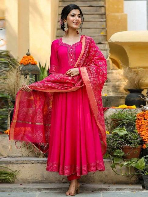 gillori pink rani flared kurta with pant and dupatta