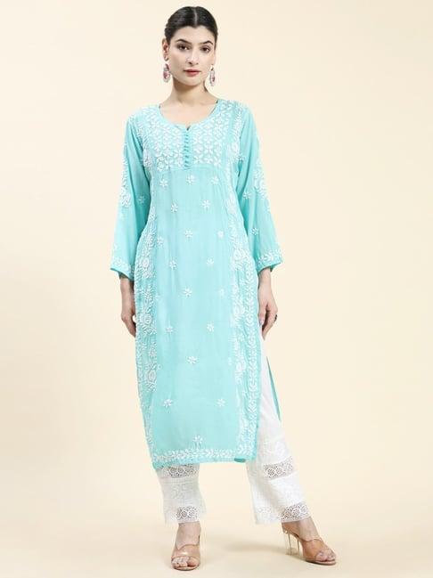 house of kari samma chikankari long kurti in cotton for women- sea green