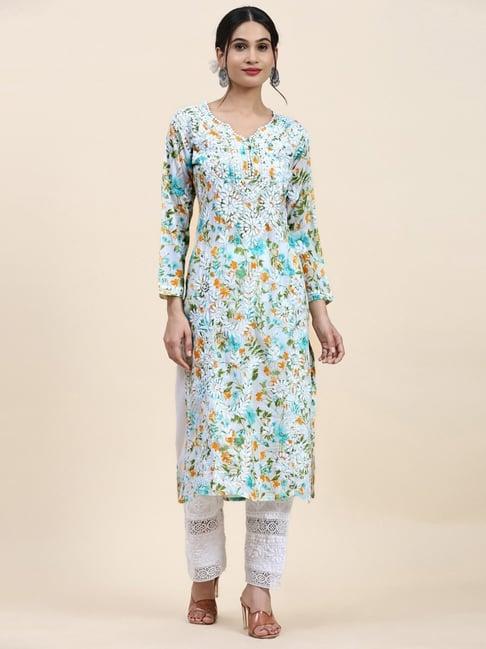 house of kari samma chikankari long kurta in mul cotton for women - blue with orange flower