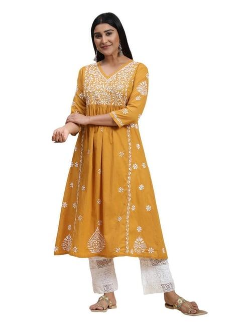 house of kari hok chikankari women long kurti mustard