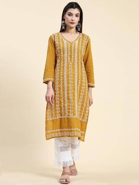 house of kari samma chikankari long kurti in cotton for women- mustard