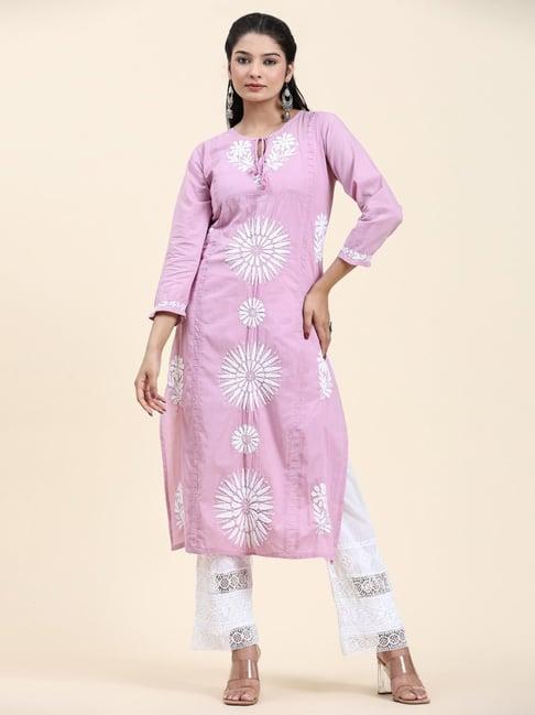 house of kari samma chikankari long kurti in cotton for women- lavender