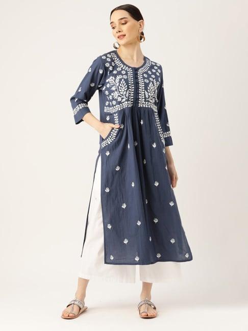 house of kari hok chikankari women long kurti blue