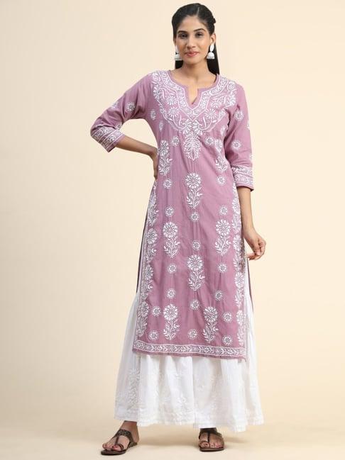 house of kari hok chikankari women long kurti purple