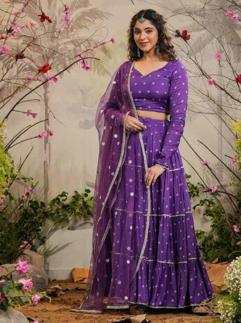 everbloom purple nimrat bandhej tiered lehenga with blouse and dupatta