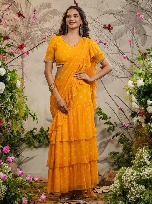 everbloom yellow chandni bandhej pre-draped saree