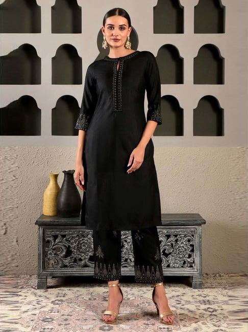 w women black solid silk kurta with straight pant