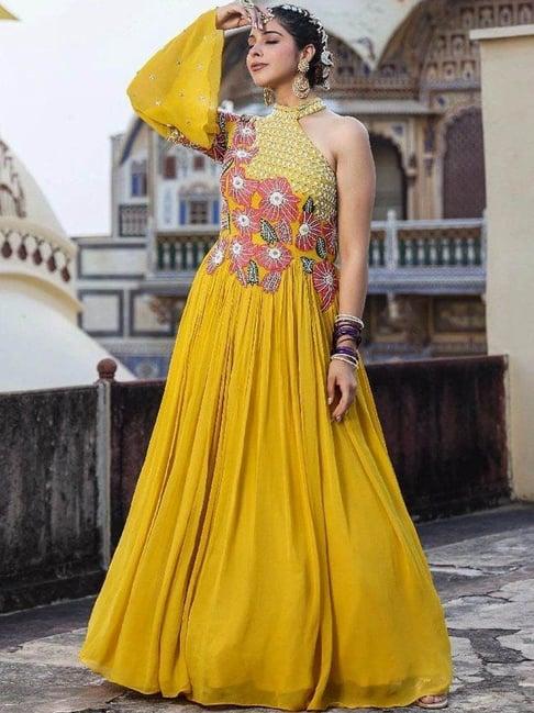 scakhi yellow georgette gathered party gown with applique and heavy embellishment