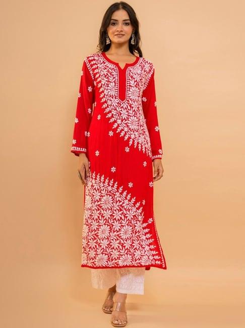 house of kari red fizaa chikankari modal cotton kurta