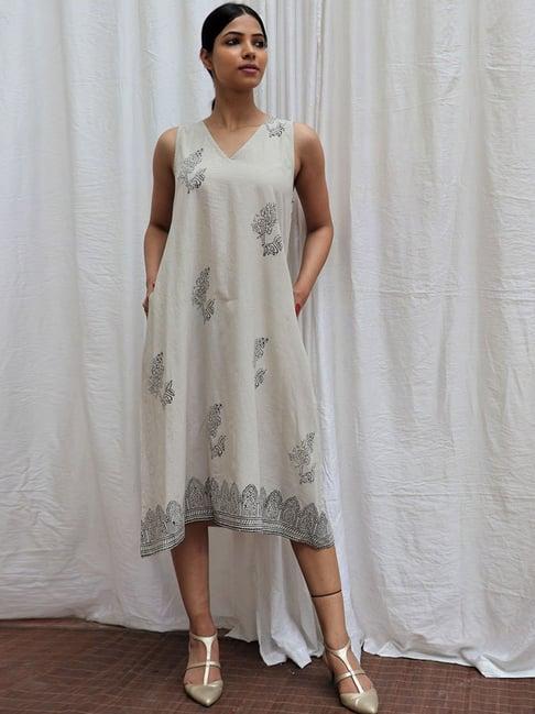 chidiyaa smell of rain ivory mist handblock printed cotton dress