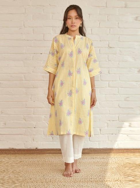 prakriti jaipur yellow voila kaftan kurta set