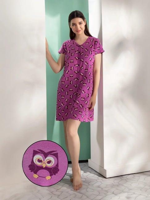 clovia purple graphic print nighty