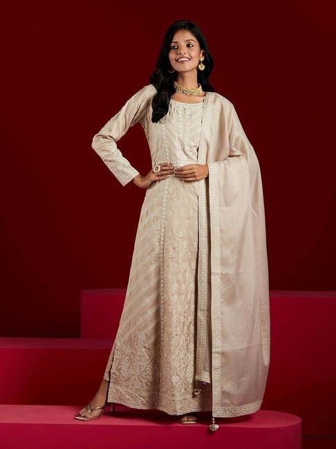 libas art beige embroidered kurta pant set with dupatta