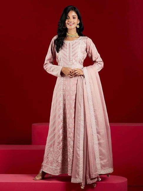 libas art dusty pink embroidered kurta pant set with dupatta