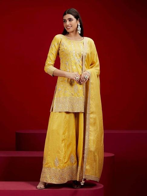 libas art yellow embroidered kurti palazzo set with dupatta