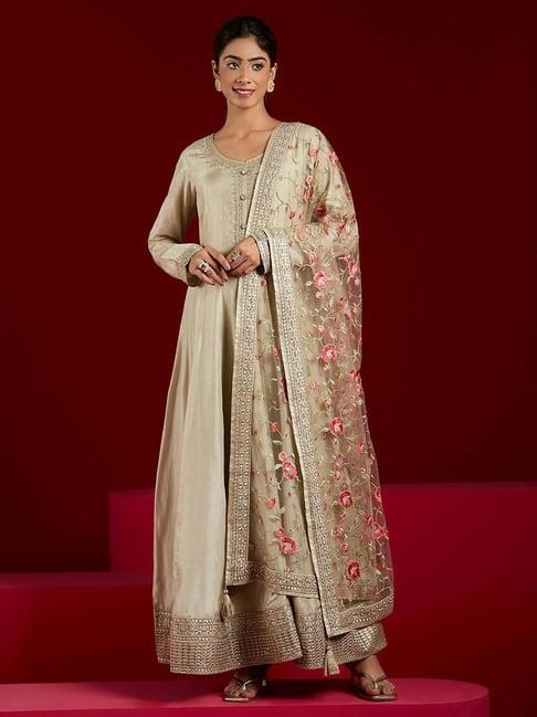 libas art beige embroidered kurta pant set with dupatta