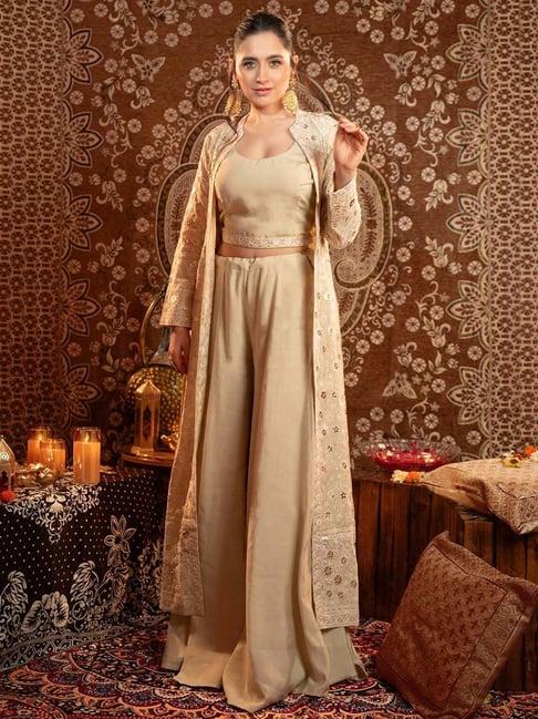 libas beige solid silk blend co-ords with shrug