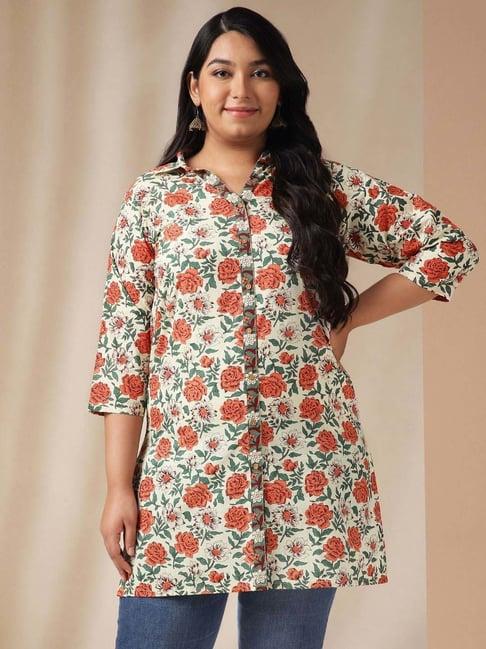 janasya beige cotton floral print tunic