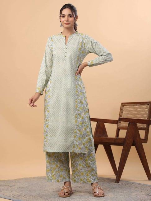 janasya blue cotton floral print kurta & pant set