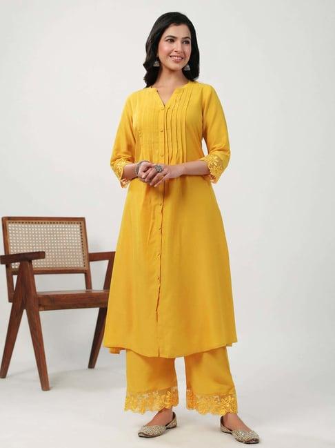 janasya yellow embroidered kurta & pant set