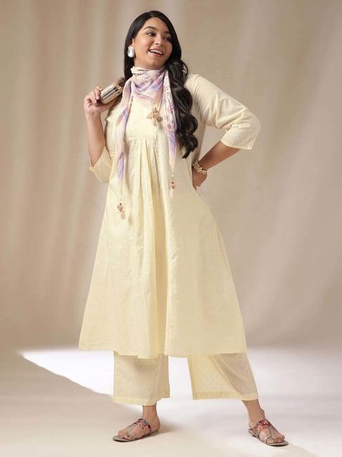 janasya beige cotton self kurta & pant set with scarf