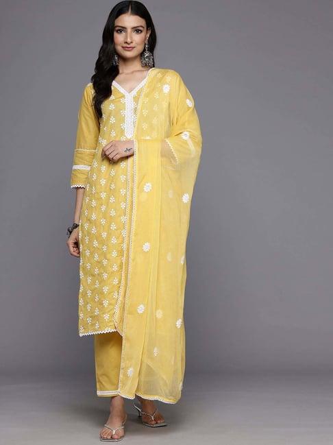 varanga yellow cotton embroidered kurta & pant set with dupatta