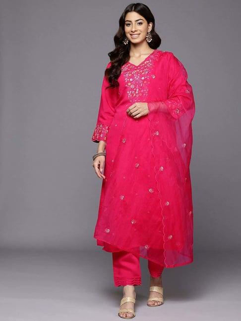 varanga pink cotton embroidered kurta & pant set with dupatta