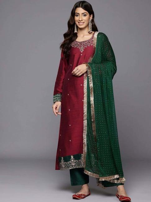 varanga maroon & green embroidered kurta & pant set with dupatta