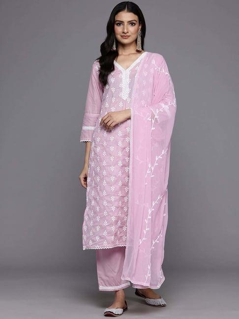 varanga pink cotton embroidered kurta & pant set with dupatta