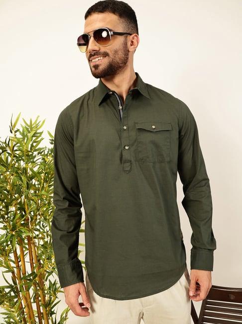 thomas scott dark green regular fit cotton linen short kurta