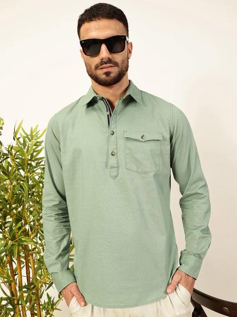 thomas scott green regular fit cotton linen short kurta