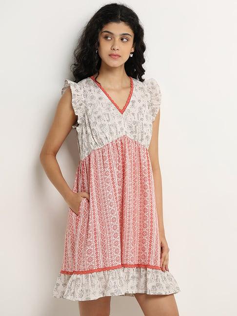 bombay paisley by westside red & white printed cotton empire-line dress