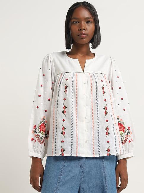 bombay paisley by westside white floral embroidered cotton blouse