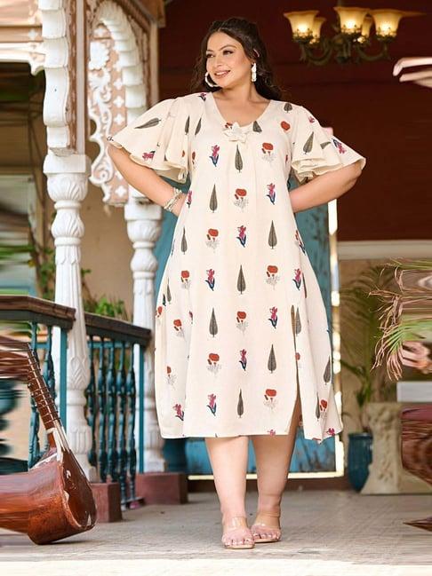 prettyplus by desinoor.com beige cotton printed a-line dress