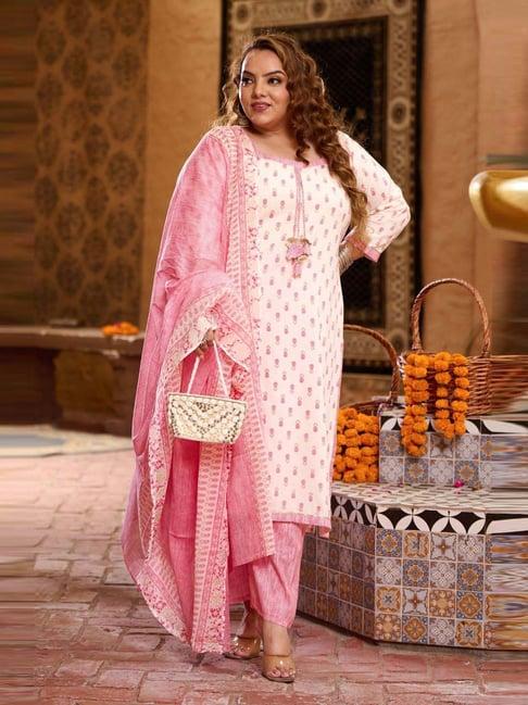 prettyplus by desinoor.com pink cotton printed kurta palazzo set with dupatta